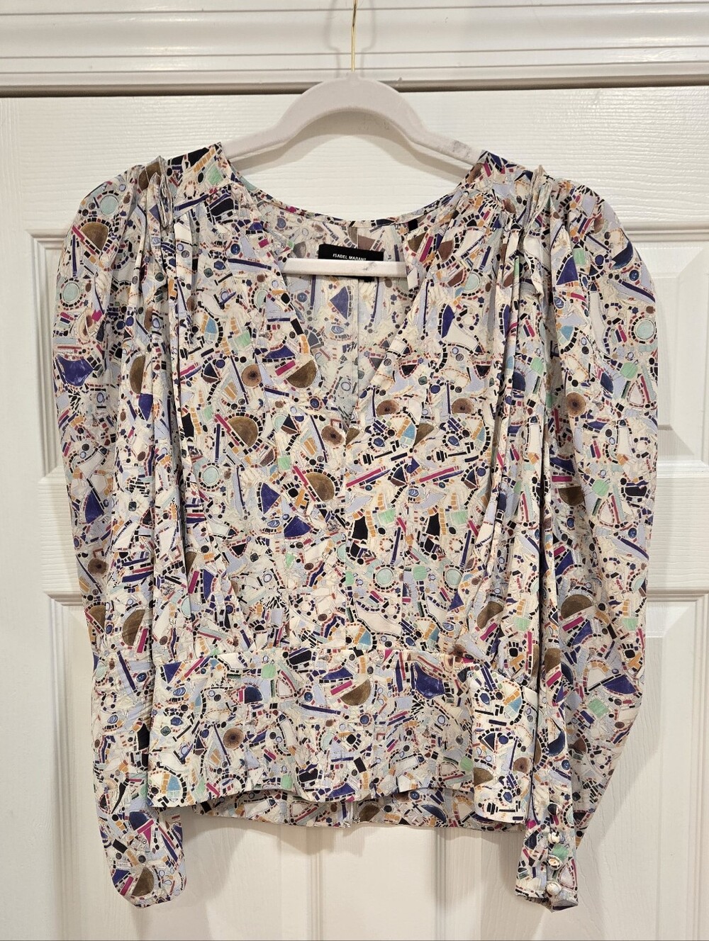 Isabel Marant Multi-Print V-Neck Puff Sleeve Blouse - Cream Base
